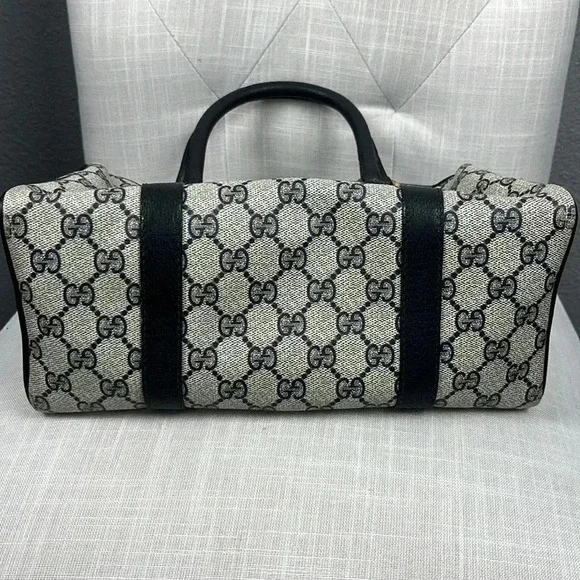 Vintage Gucci Boston Hand Bag Satchel Purse Monogram Navy Canvas Leather - Picture 4 of 16